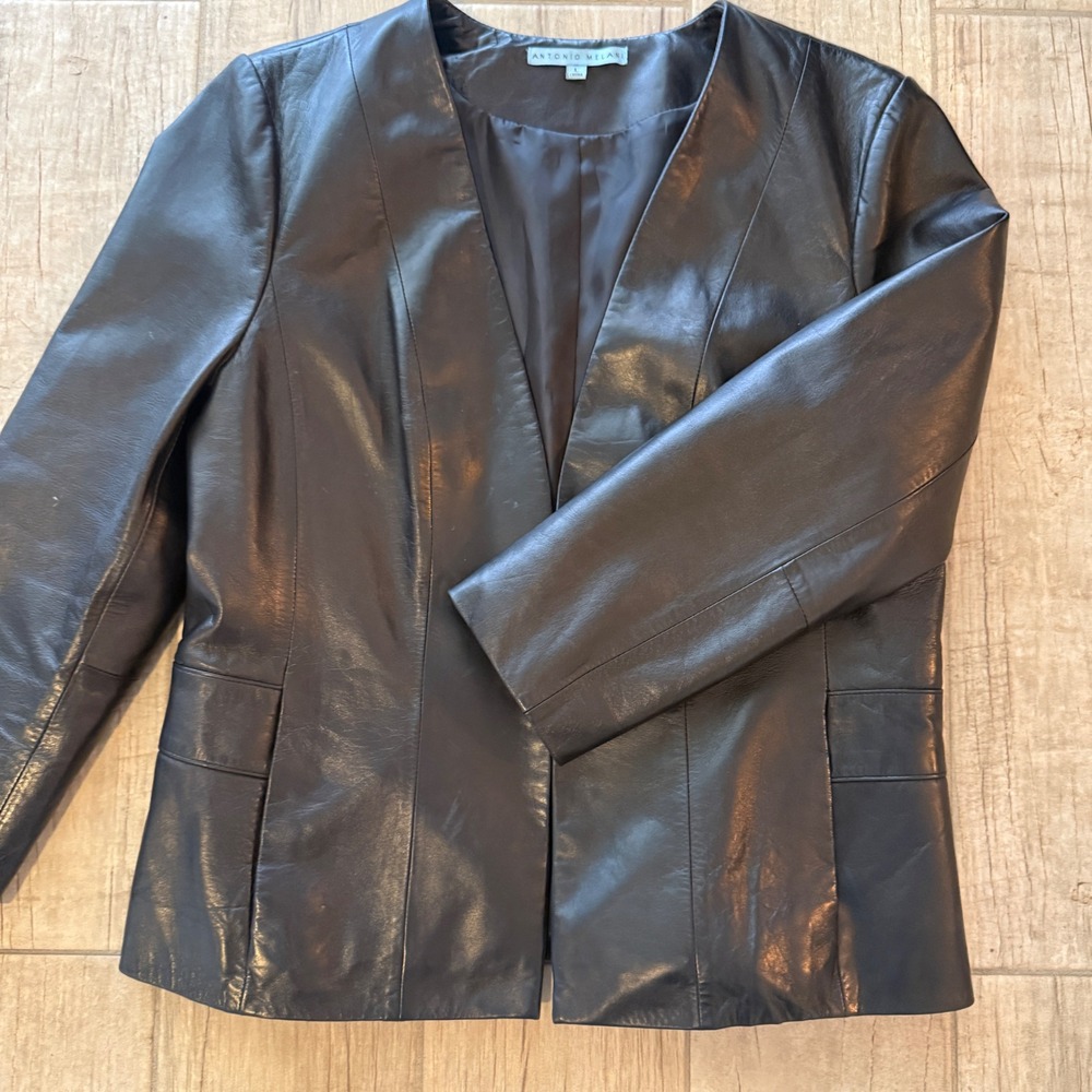 Antonio Melani Black Genuine Leather Collarless Jacket Hook Eye Closure Size L